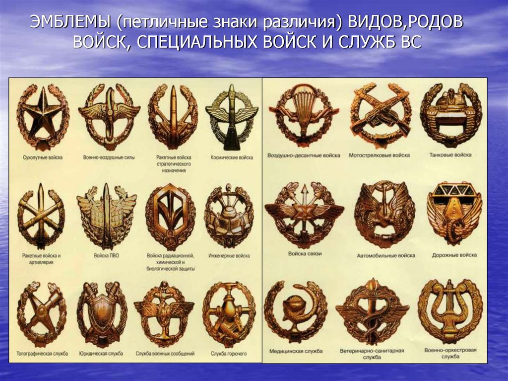 ЭМБЛЕМЫ (петличные знаки различия) ВИДОВ,РОДОВ ВОЙСК, СПЕЦИАЛЬНЫХ ВОЙСК И СЛУЖБ ВС