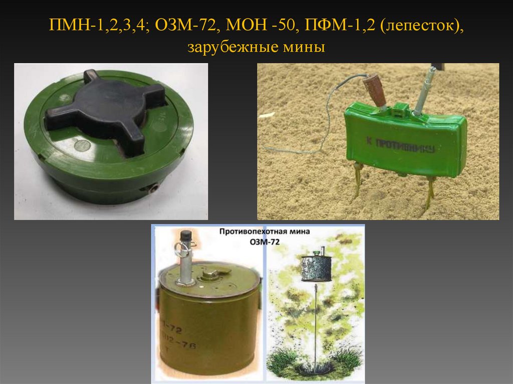 ПМН-1,2,3,4; ОЗМ-72, МОН -50, ПФМ-1,2 (лепесток), зарубежные мины