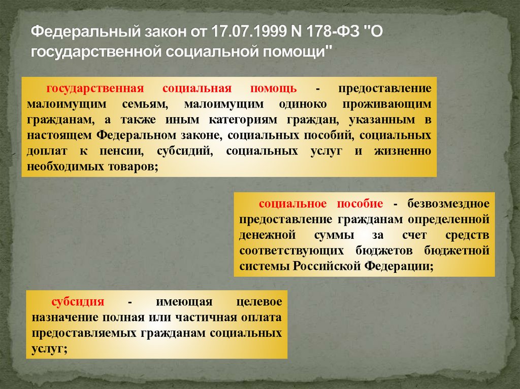 Федеральный закон от 17.07.1999 N 178-ФЗ "О государственной социальной помощи"