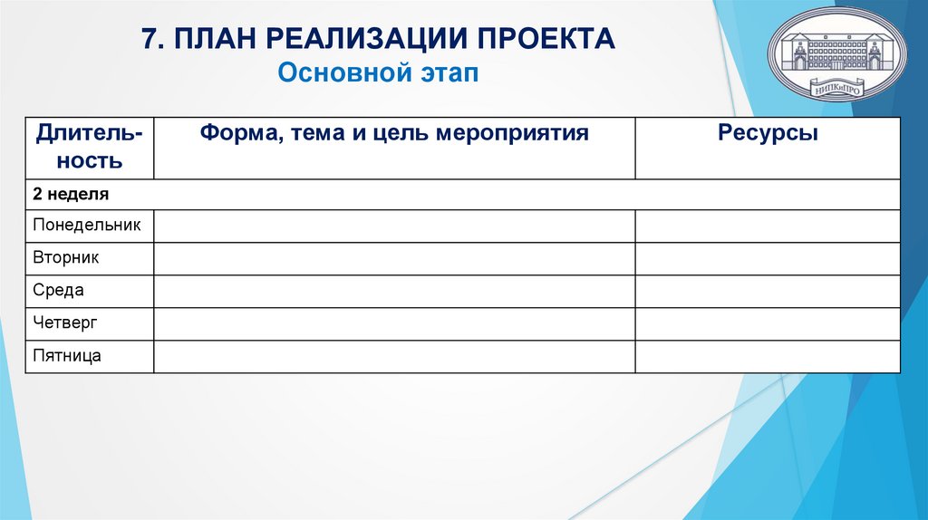 7. ПЛАН РЕАЛИЗАЦИИ ПРОЕКТА Основной этап