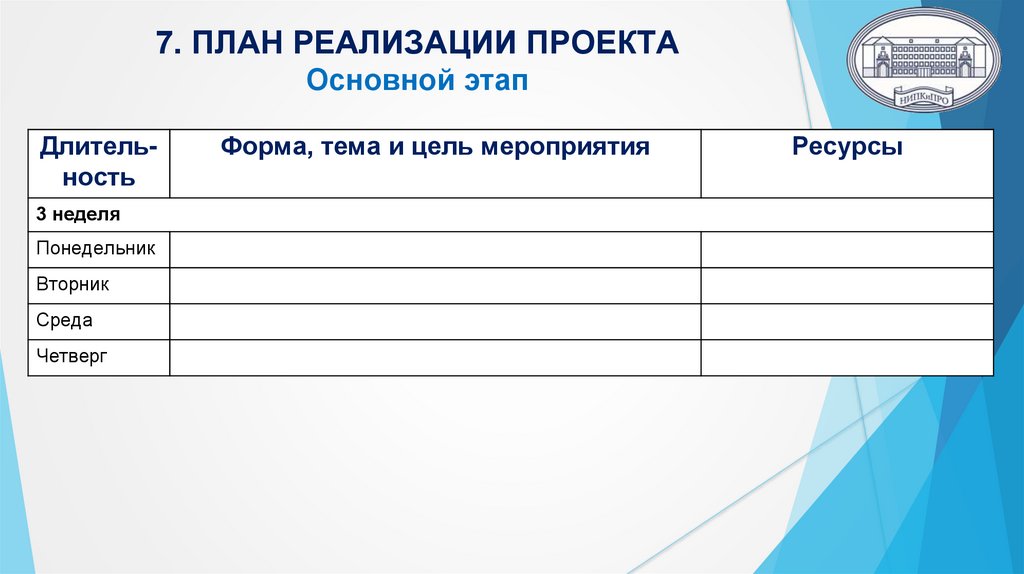 7. ПЛАН РЕАЛИЗАЦИИ ПРОЕКТА Основной этап