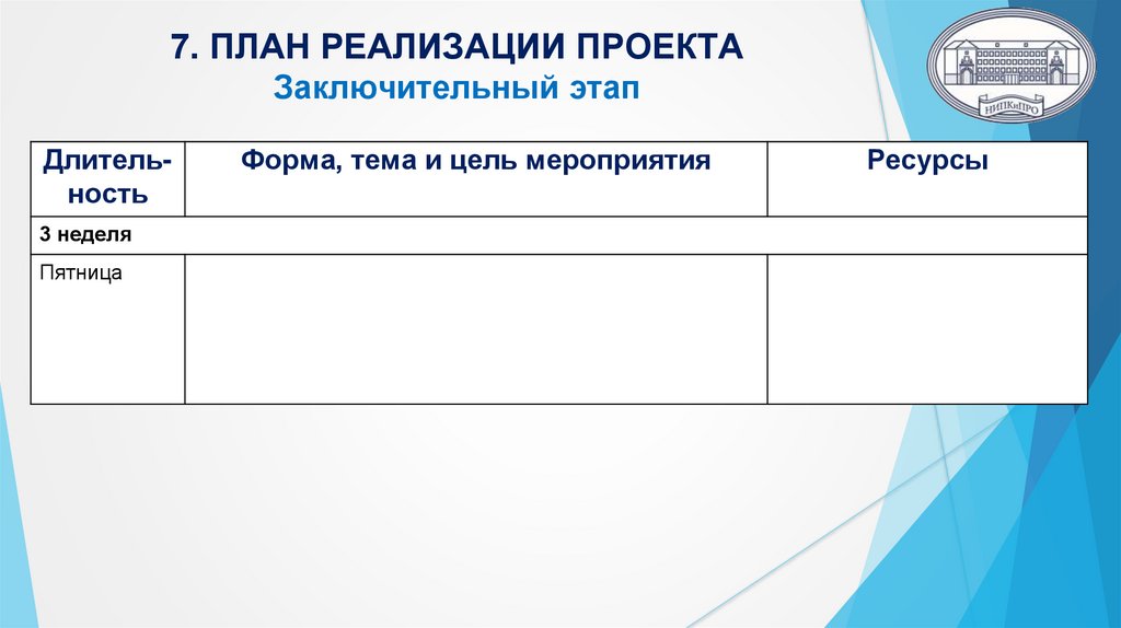 7. ПЛАН РЕАЛИЗАЦИИ ПРОЕКТА Заключительный этап