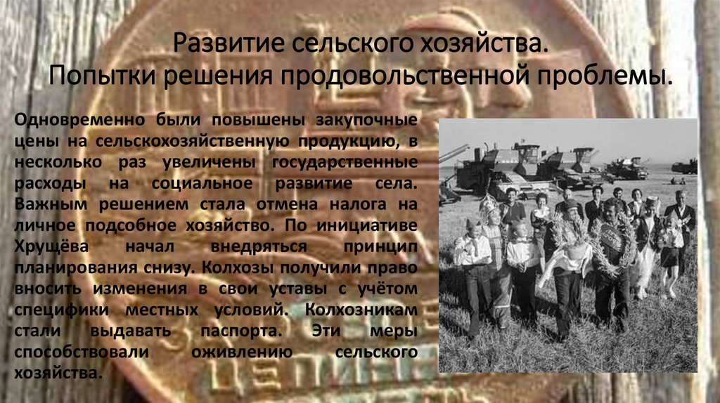 Развитие сельского хозяйства. Попытки решения продовольственной проблемы.