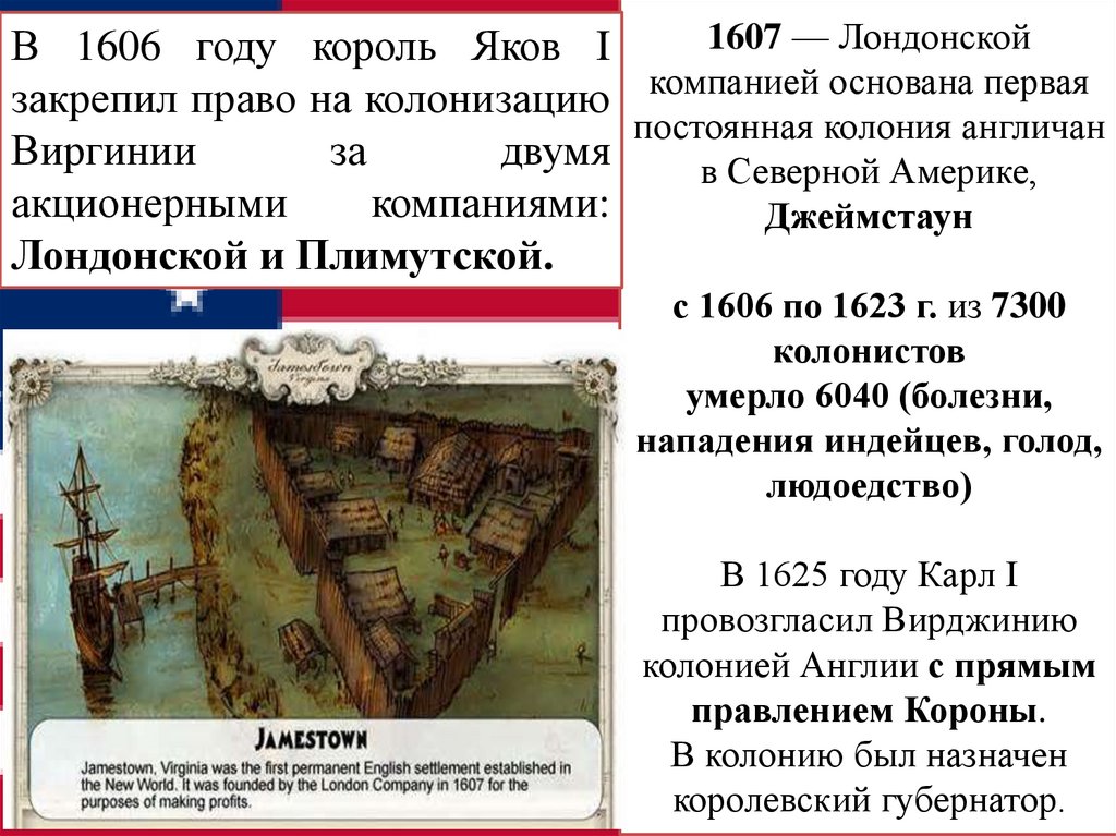1607 — Лондонской компанией основана первая постоянная колония англичан в Северной Америке, Джеймстаун с 1606 по 1623 г. из