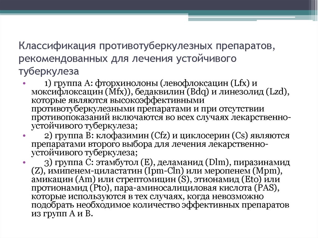 Классификация противотуберкулезных препаратов, рекомендованных для лечения устойчивого туберкулеза