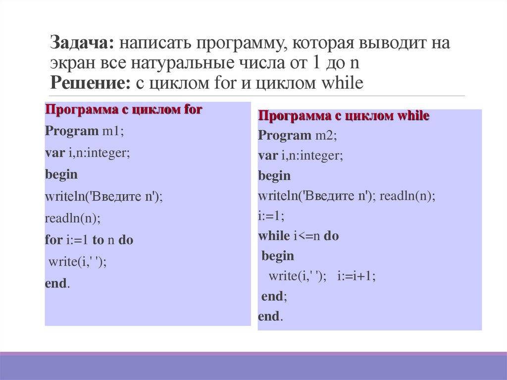 Задача: написать программу, которая выводит на экран все натуральные числа от 1 до n Решение: с циклом for и циклом while