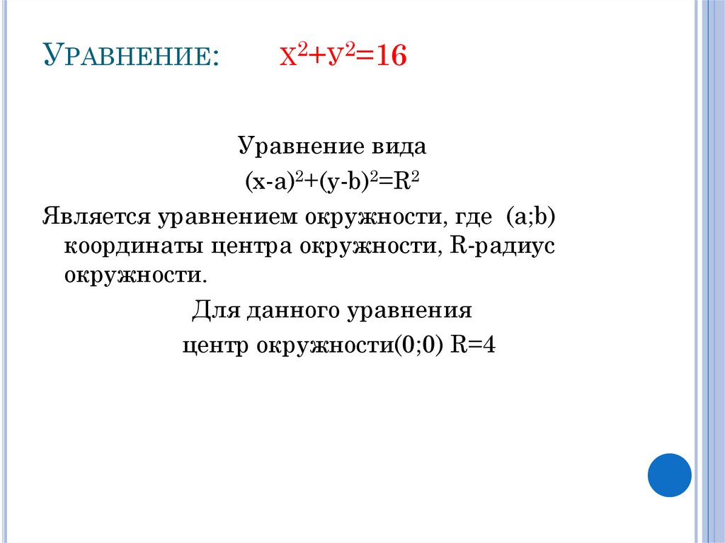 Уравнение: х2+у2=16