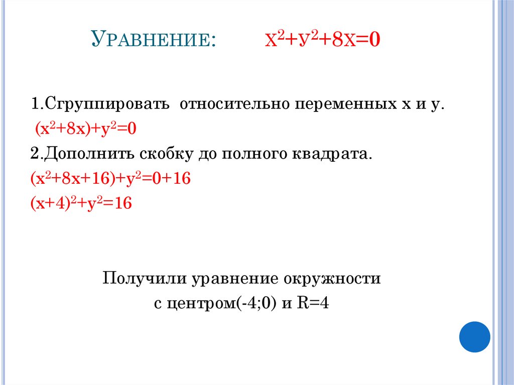 Уравнение: х2+у2+8х=0