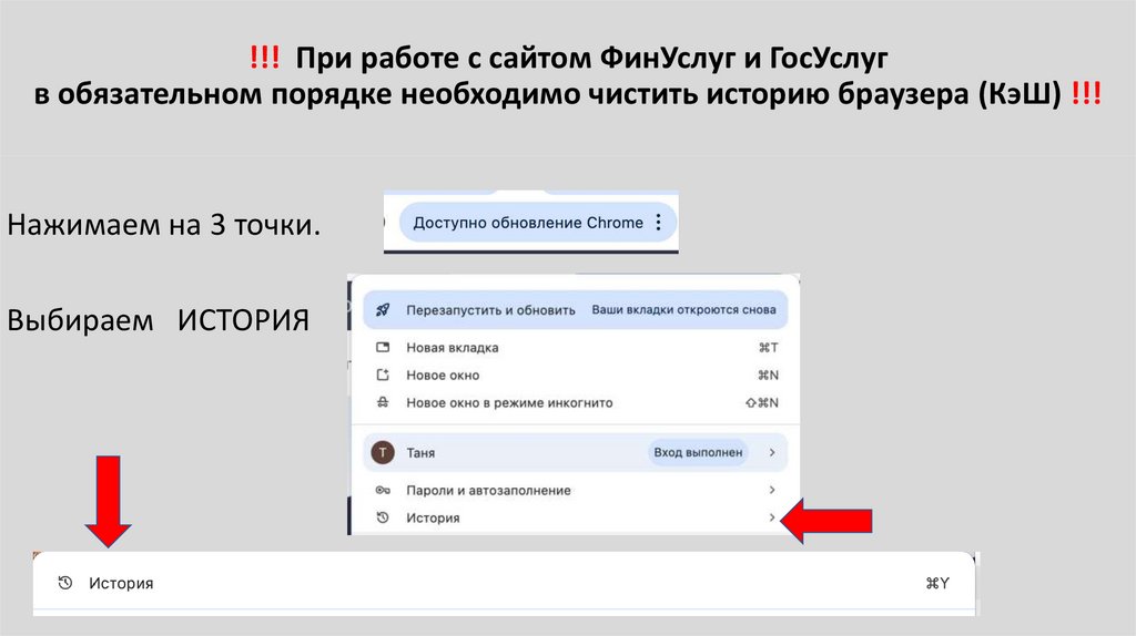 !!! При работе с сайтом ФинУслуг и ГосУслуг в обязательном порядке необходимо чистить историю браузера (КэШ) !!!