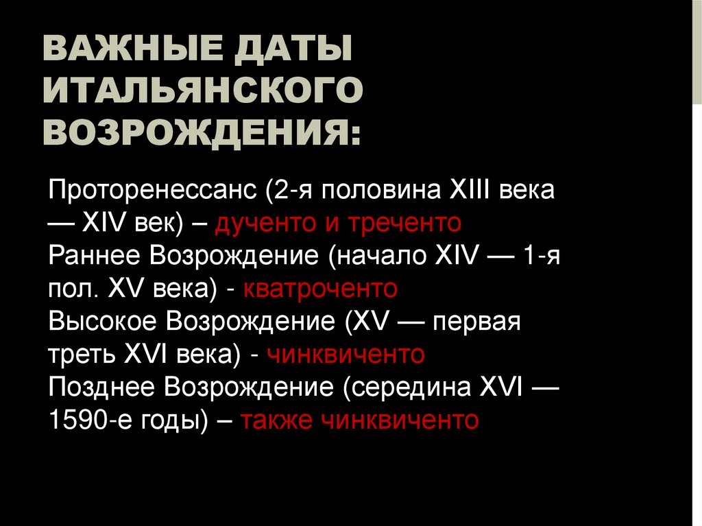 ВАЖНЫЕ ДАТЫ итальянского возрождения: