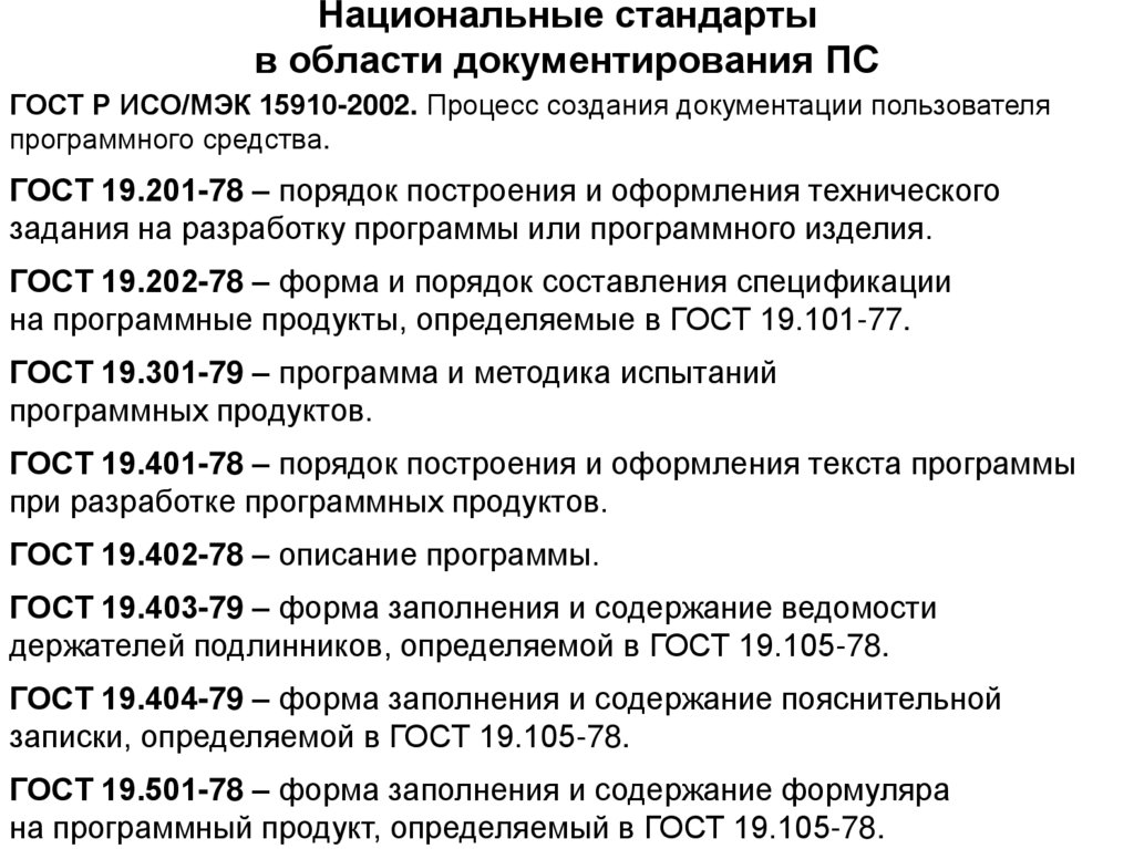 Национальные стандарты в области документирования ПС