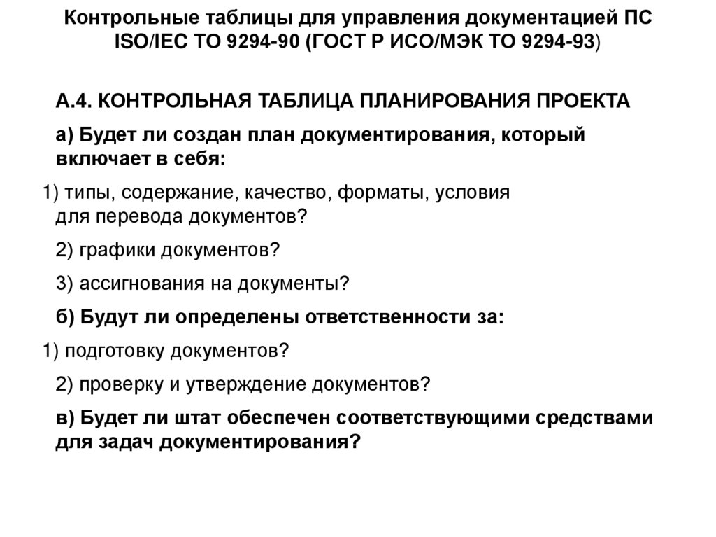 Контрольные таблицы для управления документацией ПС ISO/IEC ТО 9294-90 (ГОСТ Р ИСО/МЭК ТО 9294-93)