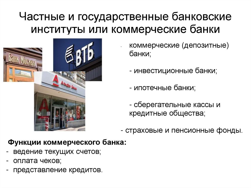 Частные и государственные банковские институты или коммерческие банки
