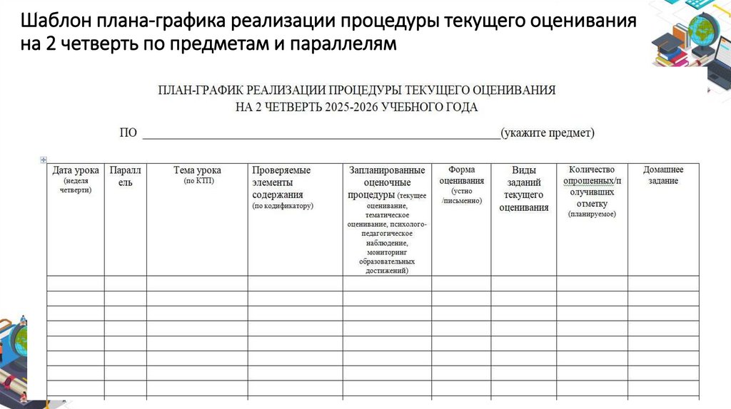 Шаблон плана-графика реализации процедуры текущего оценивания на 2 четверть по предметам и параллелям