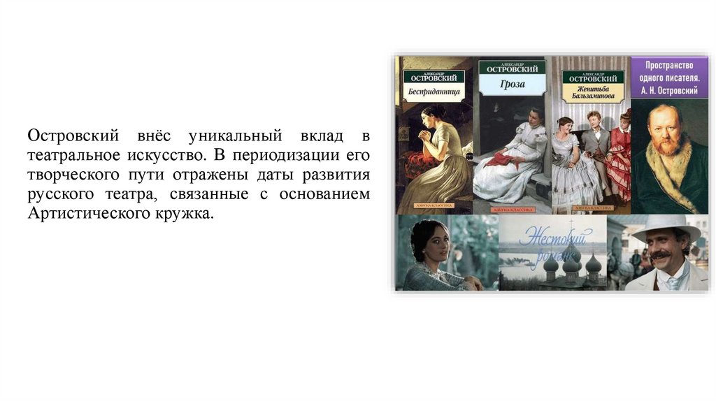 Островский внёс уникальный вклад в театральное искусство. В периодизации его творческого пути отражены даты развития русского