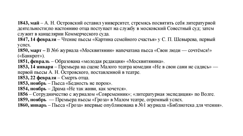 1843, май – А. Н. Островский оставил университет, стремясь посвятить себя литературной деятельности;по настоянию отца поступает