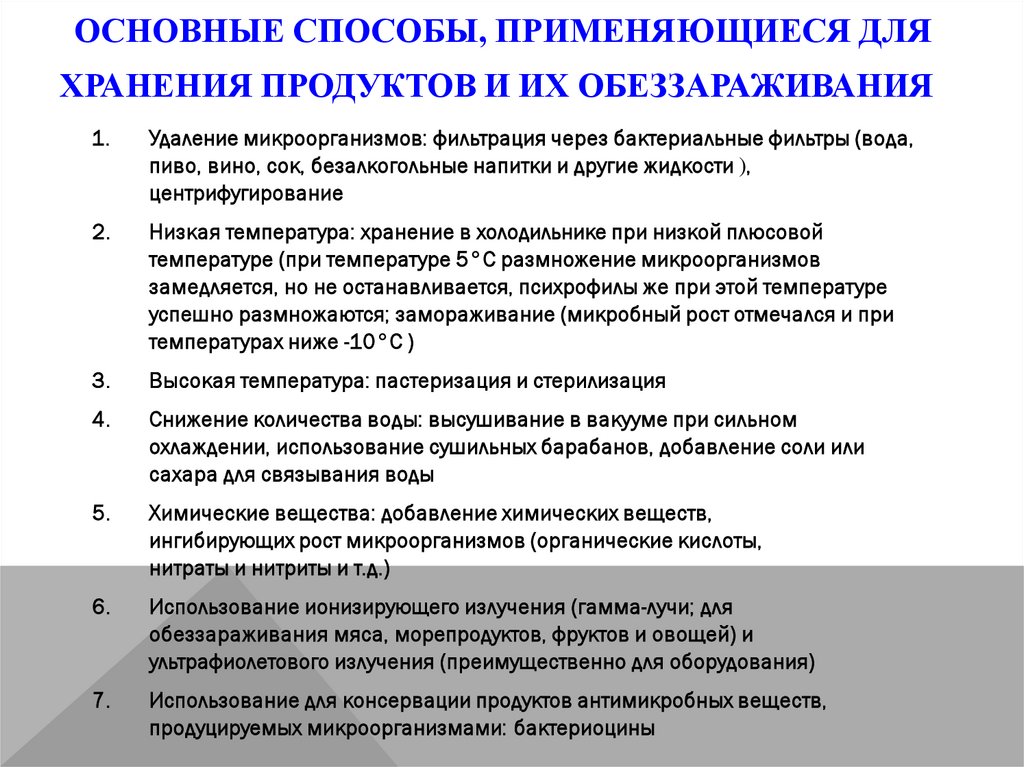 Основные способы, применяющиеся для хранения продуктов и их обеззараживания
