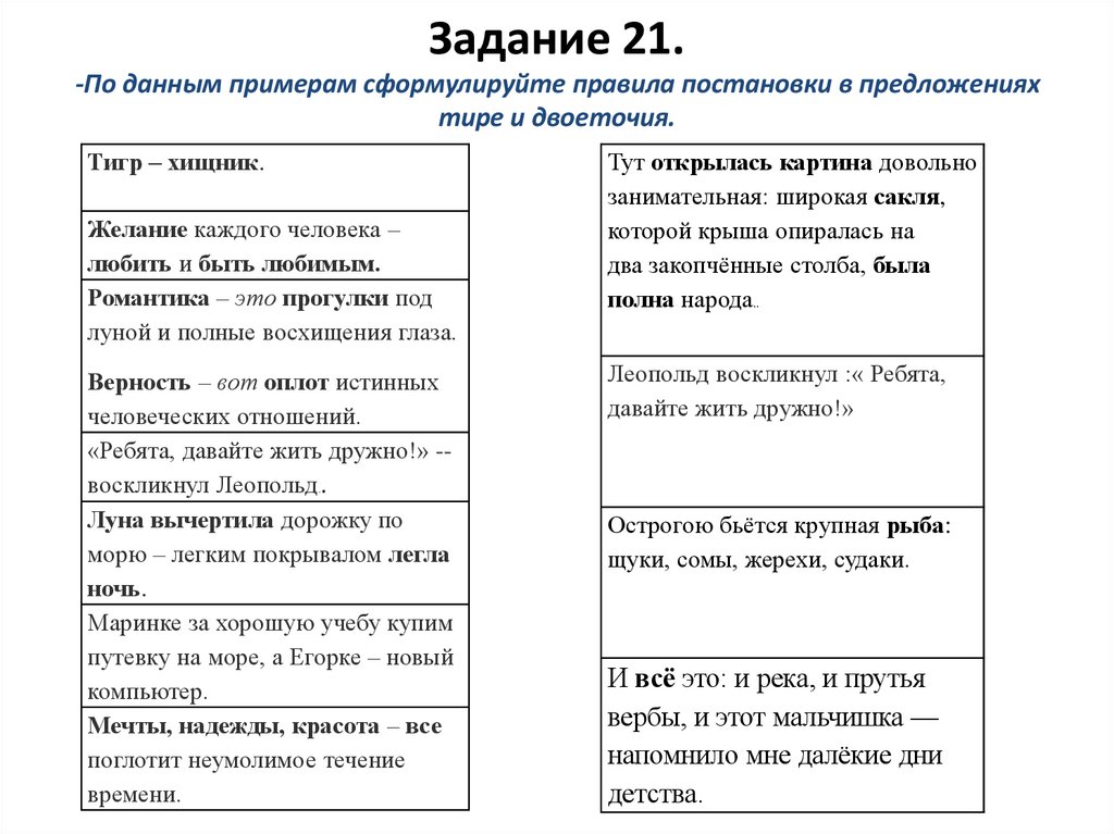 Задание 21. -По данным примерам сформулируйте правила постановки в предложениях тире и двоеточия.