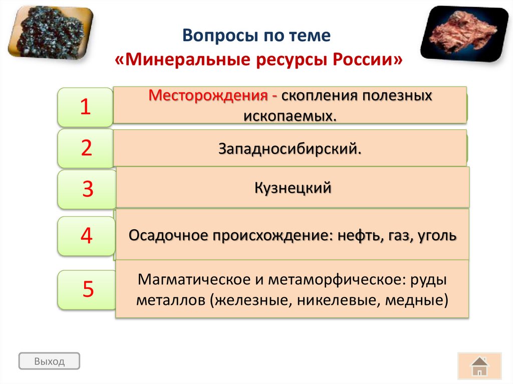 Вопросы по теме «Минеральные ресурсы России»