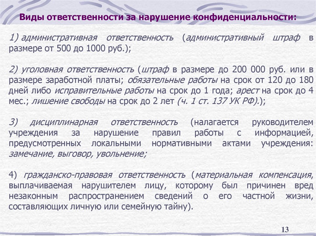 Виды ответственности за нарушение конфиденциальности: