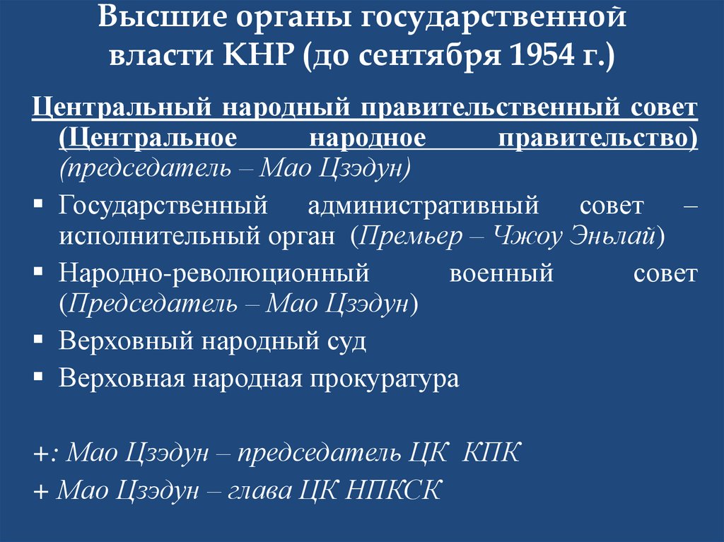 Высшие органы государственной власти КНР (до сентября 1954 г.)