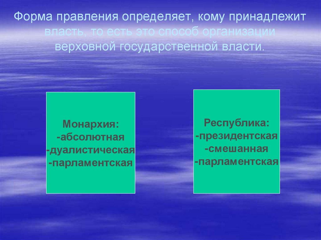 Форма правления определяет, кому принадлежит власть, то есть это способ организации верховной государственной власти.