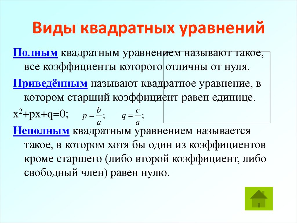 Виды квадратных уравнений