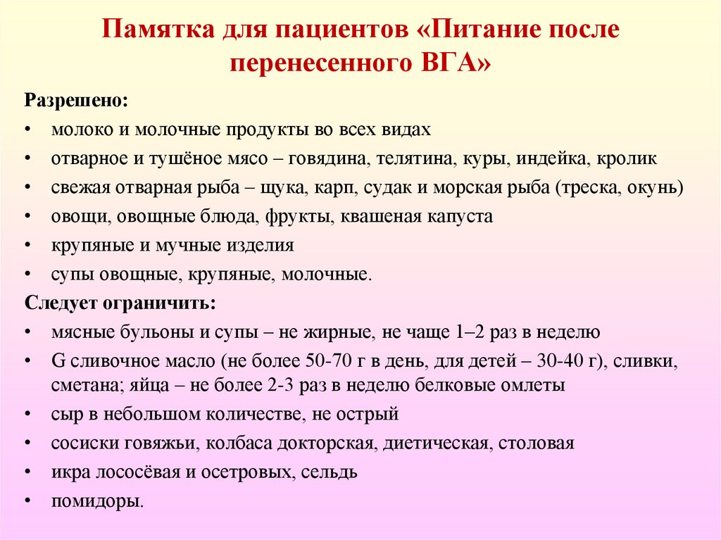 Памятка для пациентов «Питание после перенесенного ВГА»