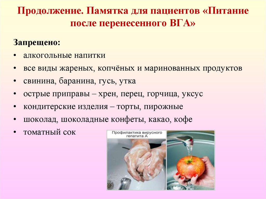 Продолжение. Памятка для пациентов «Питание после перенесенного ВГА»