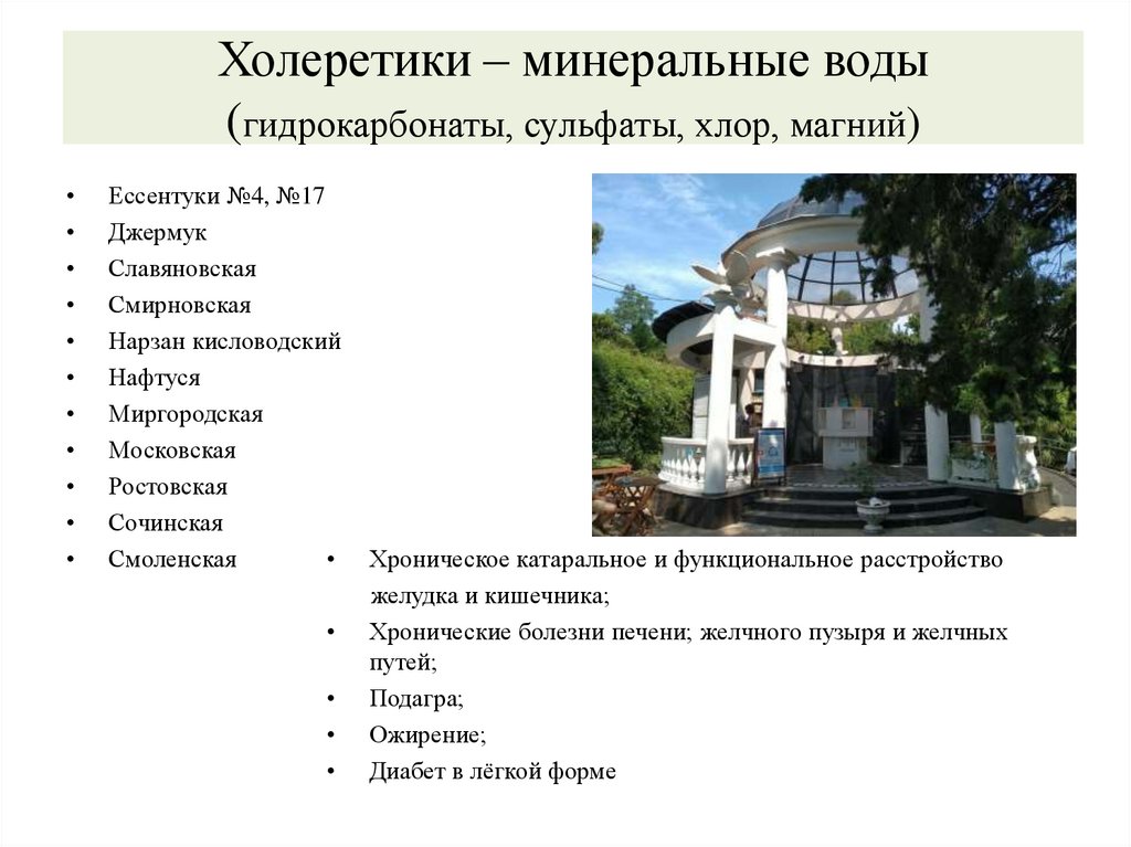 Холеретики – минеральные воды (гидрокарбонаты, сульфаты, хлор, магний)