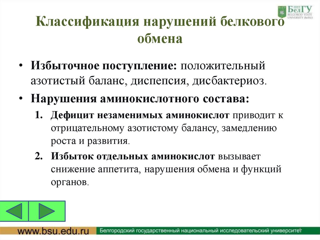 Классификация нарушений белкового обмена