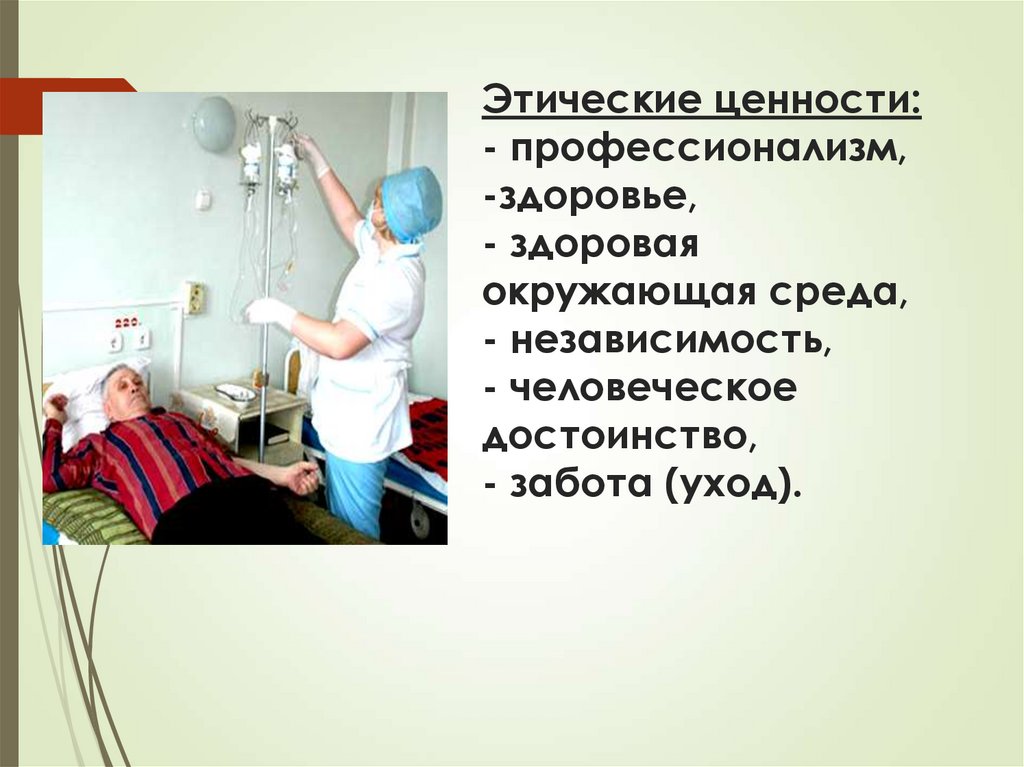Этические ценности: - профессионализм, -здоровье, - здоровая окружающая среда, - независимость, - человеческое достоинство, -
