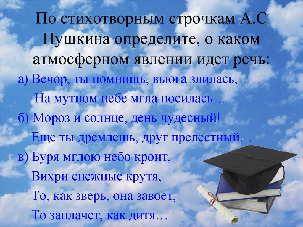 По стихотворным строчкам А.С Пушкина определите, о каком атмосферном явлении идет речь: