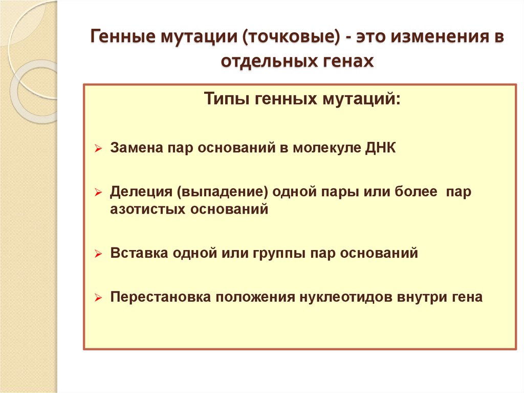 Генные мутации (точковые) - это изменения в отдельных генах