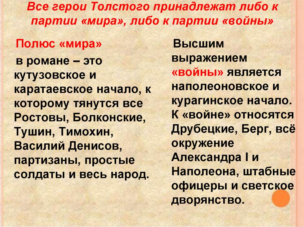 Все герои Толстого принадлежат либо к партии «мира», либо к партии «войны»