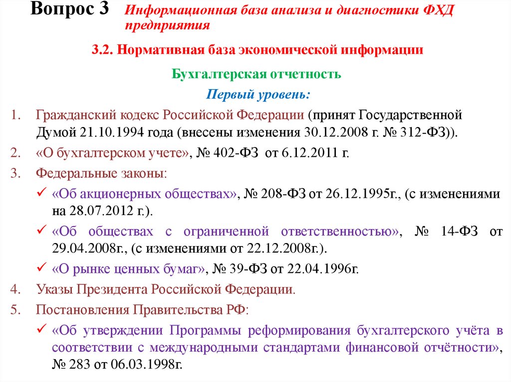 Вопрос 3 Информационная база анализа и диагностики ФХД предприятия