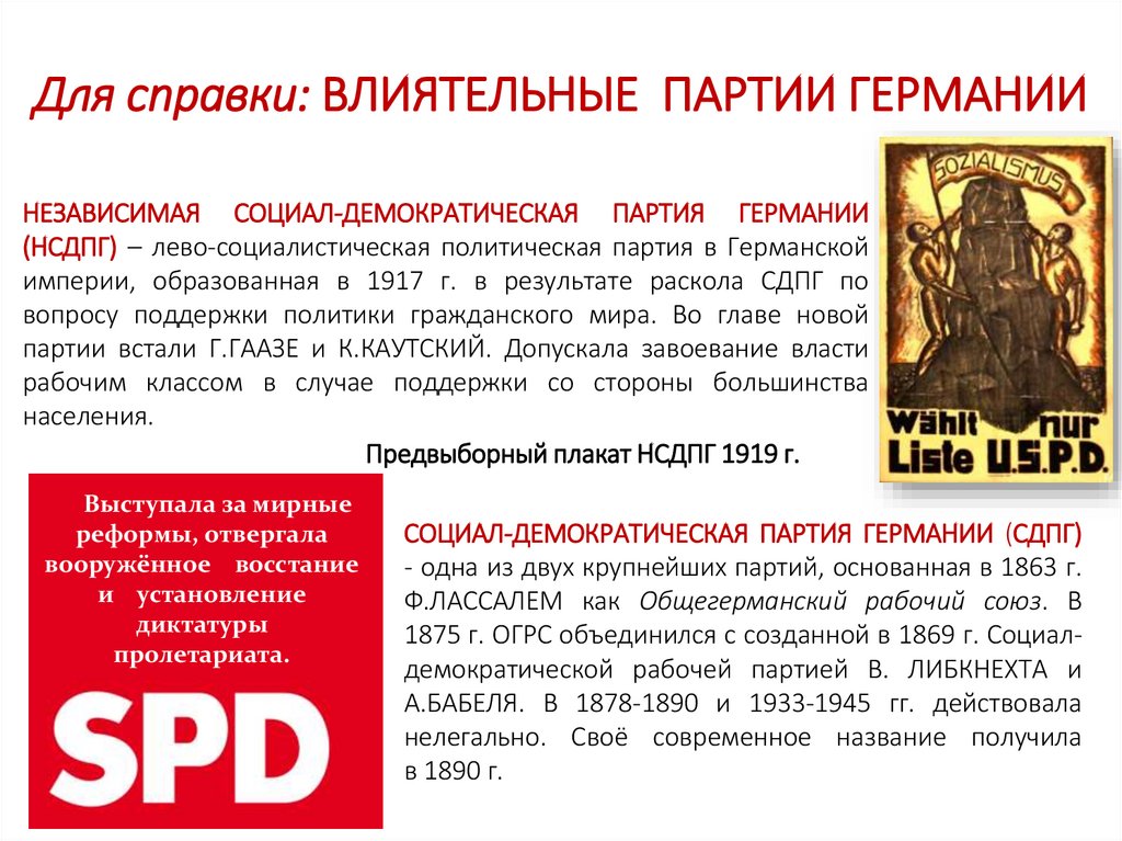 Для справки: ВЛИЯТЕЛЬНЫЕ ПАРТИИ ГЕРМАНИИ
