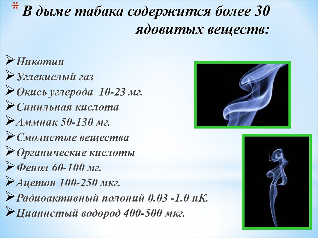 В дыме табака содержится более 30 ядовитых веществ: