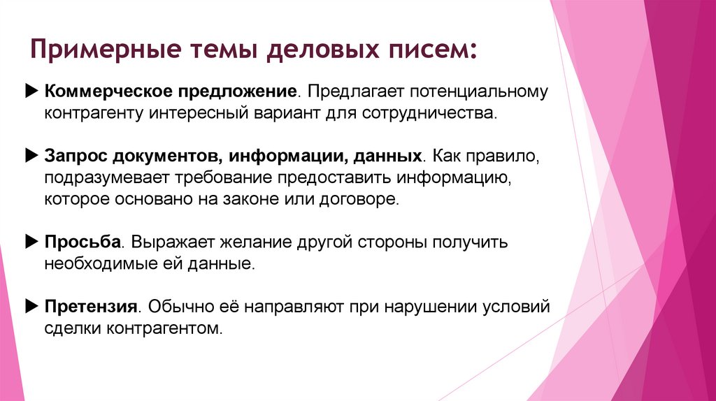 Примерные темы деловых писем: