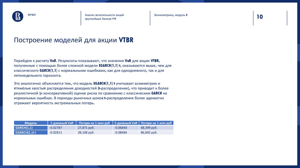 Построение моделей для акции VTBR