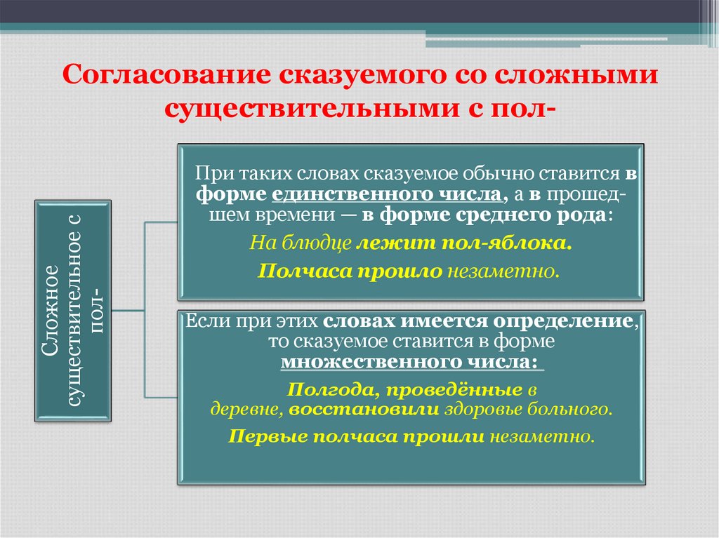 Согласование сказуемого со сложными существительными с пол-