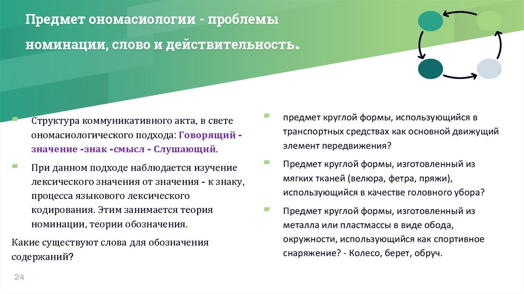 Предмет ономасиологии - проблемы номинации, слово и действительность.