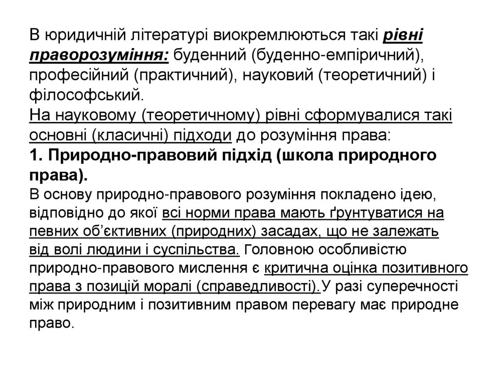В юридичній літературі виокремлюються такі рівні праворозуміння: буденний (буденно-емпіричний), професійний (практичний),