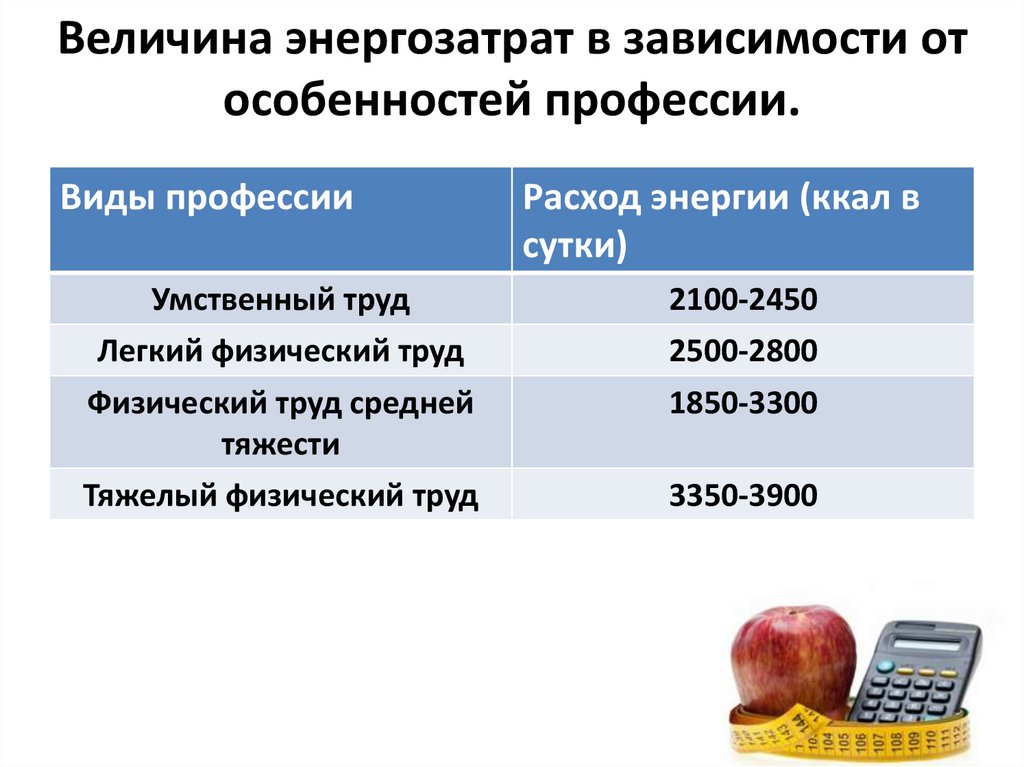 Величина энергозатрат в зависимости от особенностей профессии.