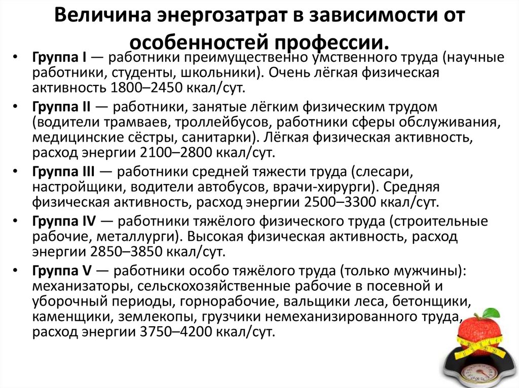 Величина энергозатрат в зависимости от особенностей профессии.