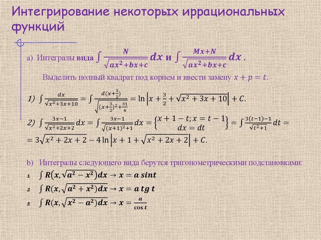 Интегрирование некоторых иррациональных функций