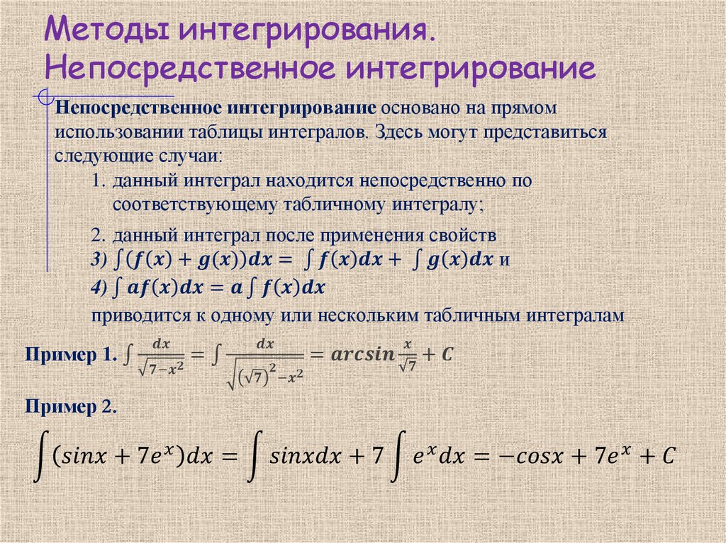 Методы интегрирования. Непосредственное интегрирование
