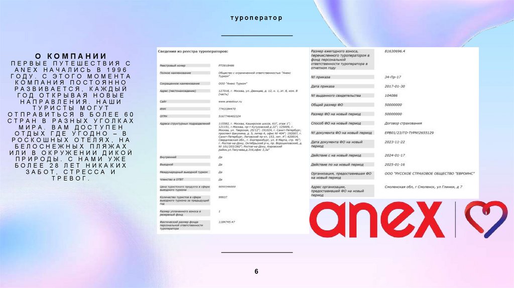 О компании Первые путешествия с Anex начались в 1996 году. С этого момента компания постоянно развивается, каждый год открывая