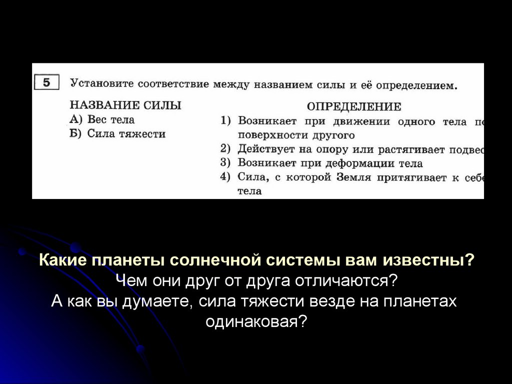 Какие планеты солнечной системы вам известны? Чем они друг от друга отличаются? А как вы думаете, сила тяжести везде на