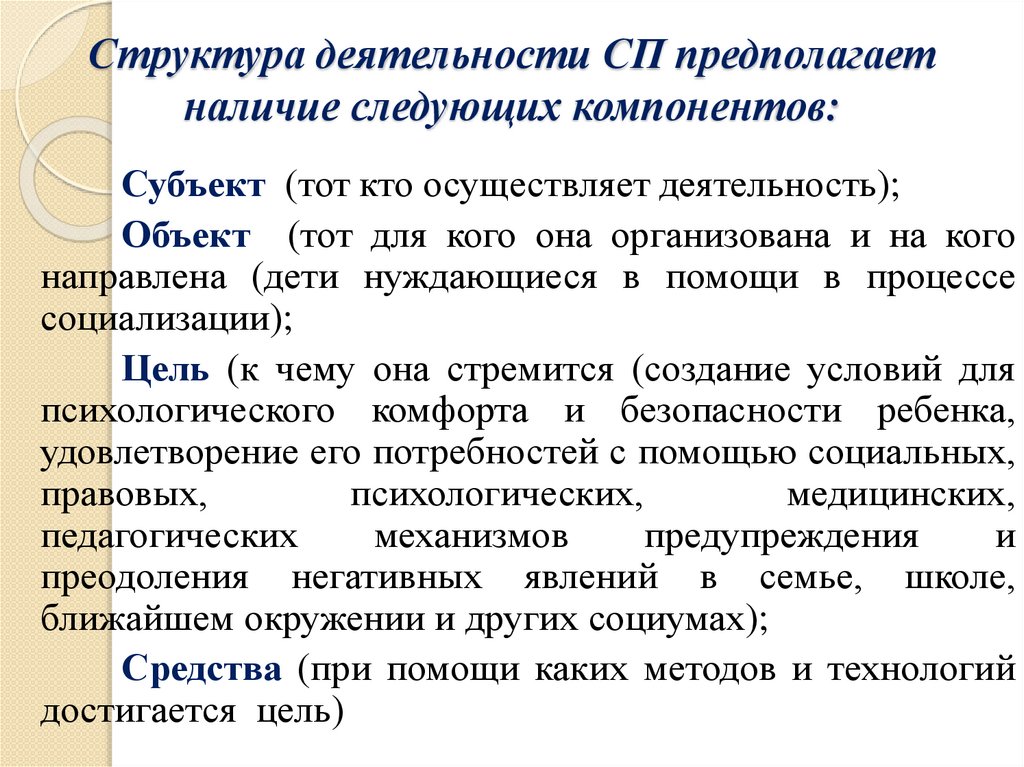 Структура деятельности СП предполагает наличие следующих компонентов: